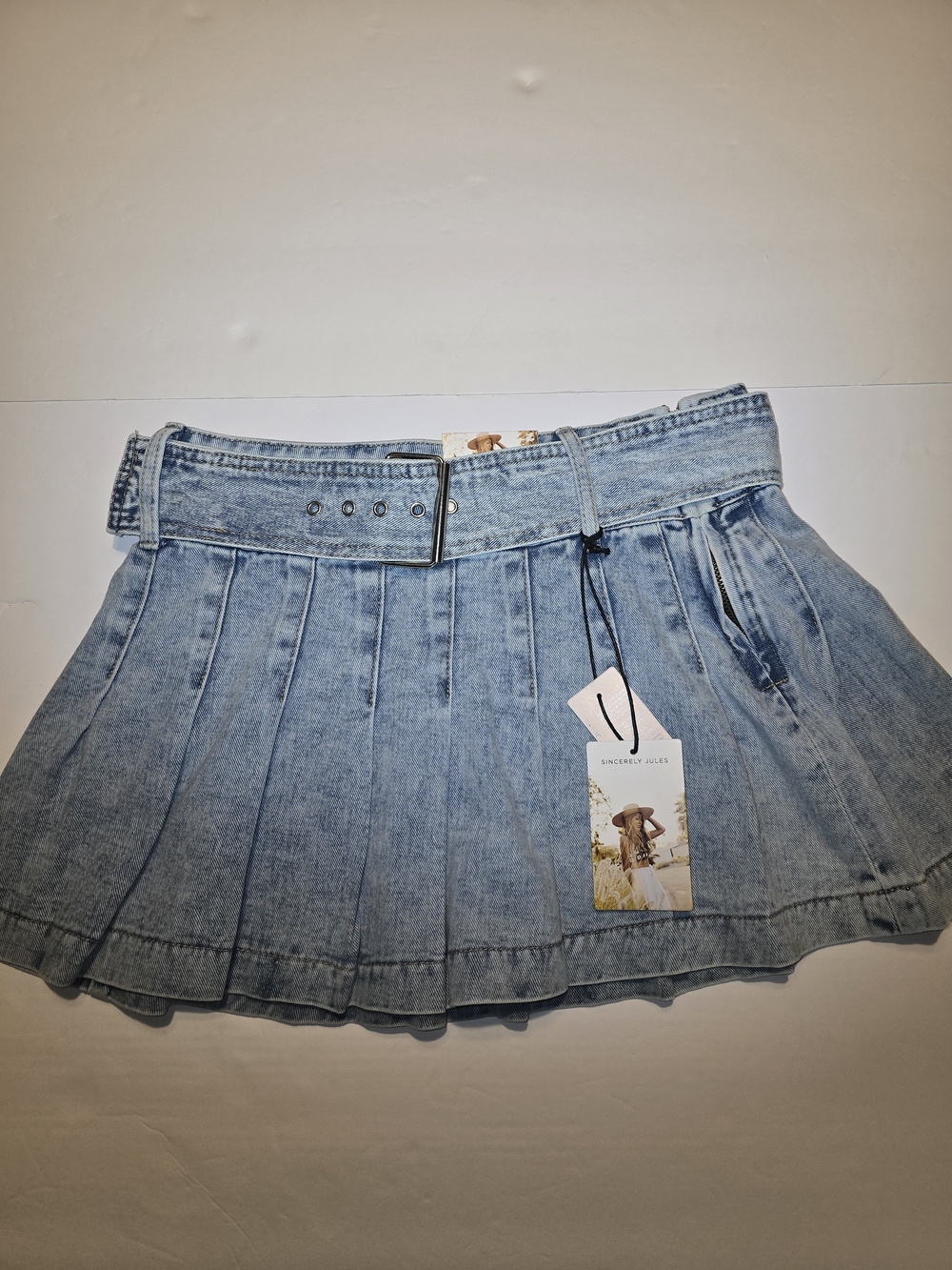 Sincerely Jules Light Blue Pleated Denim Mini Skirt with Belt